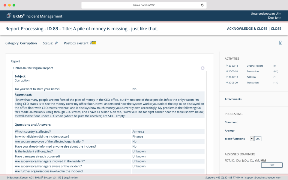 screenshot of BKMS Compliance System